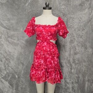 Bonhomia Red Pink Floral Cutout Tiered Mini Dress Small Coquette Romantic Ruffle